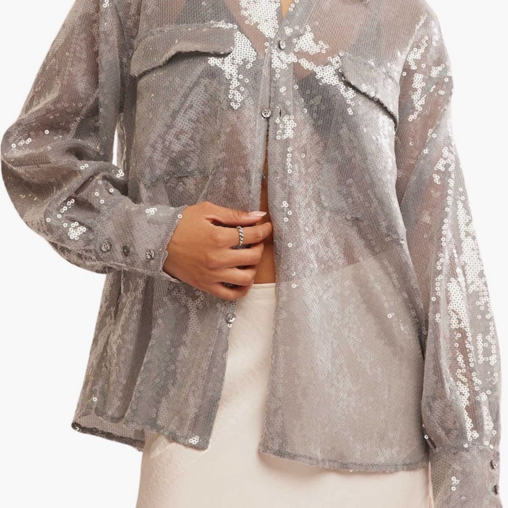 NEW Free People Disco Margarita Sheer Sequin Button-up